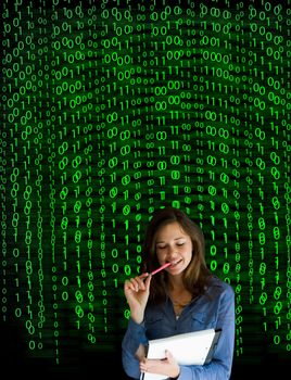 Nerd computer businesswoman on matrix binary background