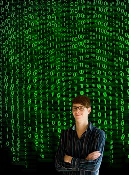 Nerd computer businessman on matrix binary background