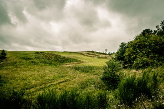 Green fields and cloudy weather