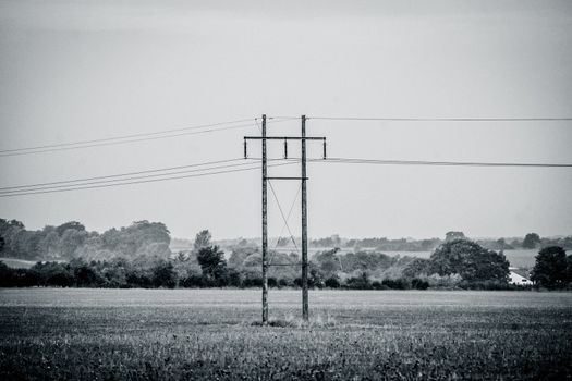 Black and white photo of pylons in a countryside scenery