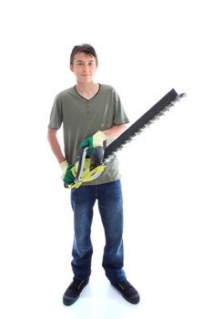 Male holding a hedge trimmer garden tool