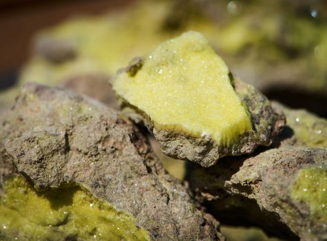 Brimstone - volcanic sulfur ore sample on sunlight