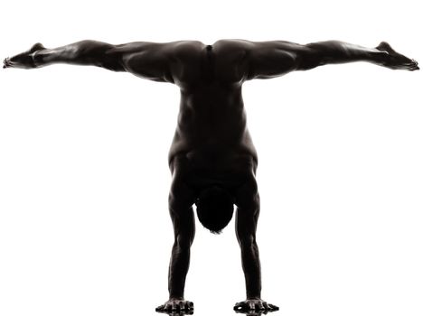 one caucasian handsome naked muscular man exercising handstand in silhouette studio on white background