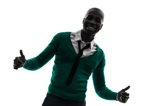 one african  black man smiling thumb up  in silhouette studio on white background