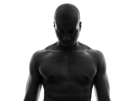 one african  black man topless looking down sad  in silhouette studio on white background