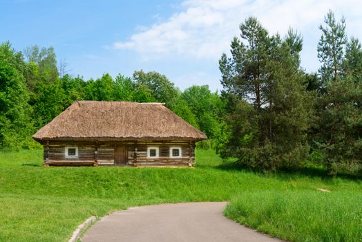 Traditional village wooden house in green country area, Eastern Europe