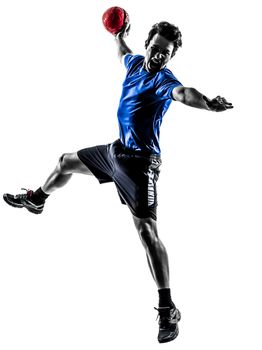 one caucasian young man exercising handball player in silhouette studio  on white background