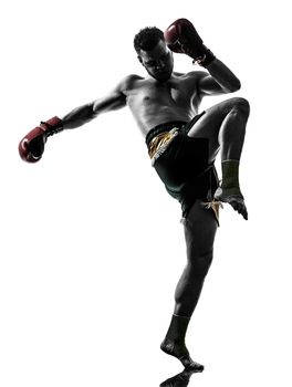 one caucasian man exercising thai boxing in silhouette studio  on white background