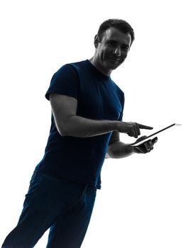 one caucasian man touchscreen digital tablet posing  portrait on white background