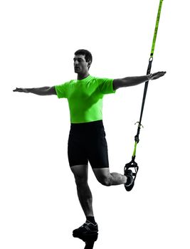 one caucasian man exercising   suspension training  trx   on white background