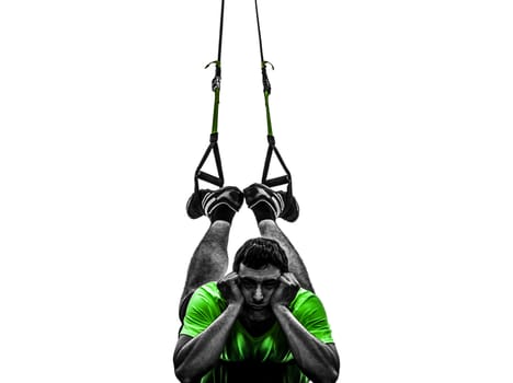 one caucasian man exercising   suspension training  trx tired pouting    on white background