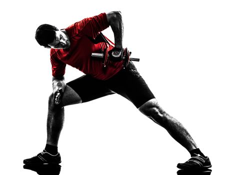 one caucasian man exercising weight training   on white background
