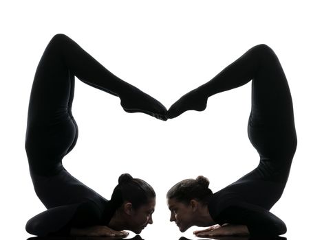two women contortionist practicing gymnastic yoga in silhouette   on white background
