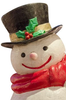snowman with cylinder hat  and red shawl over white background