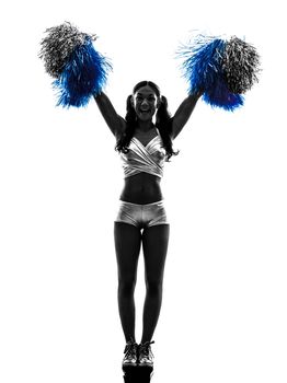 one young woman cheerleader cheerleading  silhouette studio on white background