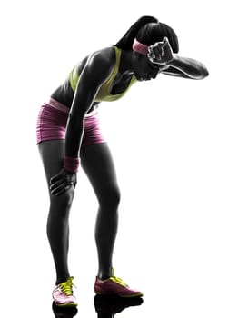 one caucasian woman runner running tired breathless  in silhouette on white background
