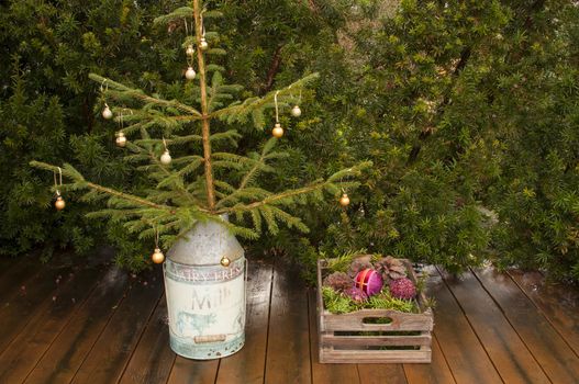 A small christmas tree and a box with pine and christmas bulbs in a garden.  Without snow