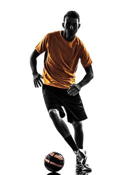 one caucasian young man soccer player orange jersey in silhouette  on white background