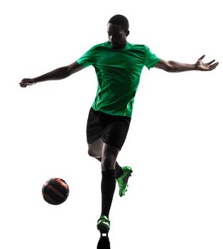 one african man soccer player green jersey in silhouette  on white background