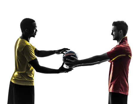 two men soccer player playing football competition giving football  in silhouette  on white background