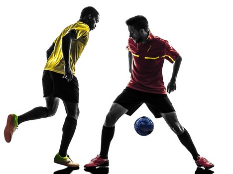 two men soccer player playing football competition in silhouette  on white background