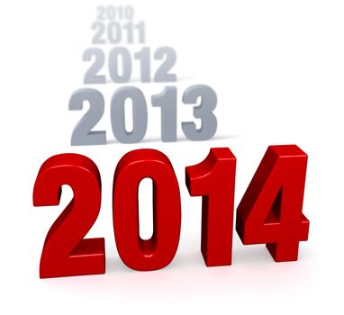 Sharp focus on large, shiny red "2014!" in front of a row of plain, gray preceding years blurring and fading into the distance. Isolated on white. 