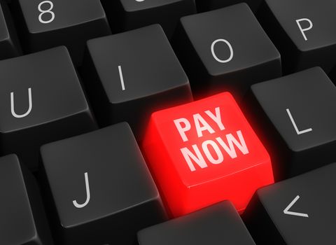 Close up photo-real illustration of black computer keyboard keys surrounding a single red glowing "PAY NOW" key.