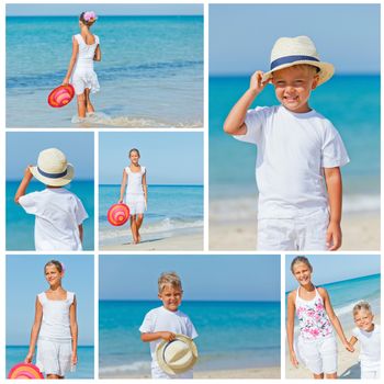 Collage of images smiling cute kids in a sun hat at the tropical beach.