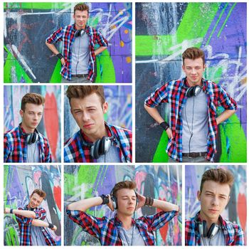 Collage of images portrait of happy teens boy with headphones near painted wall listening to music