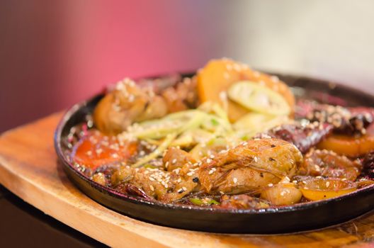 close up baked chicken with vermicelli , potato , vegetable and soy sauce ( Jim Dak is favorite  korean food )