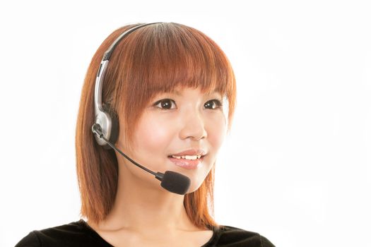 Asian female wearing a headset with microphone