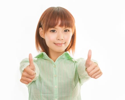 Chinese woman with formal business shirt with two thumbs up