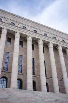 Detail of Finnish Parliament house. The unicameral parliament has 200 members and meets in the Parliament House in Helsinki. 