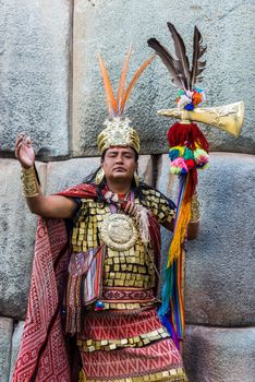 Cuzco, Peru - July 13, 2013: man disguised as Inca warrior  in the peruvian Andes at Cuzco Peru on july 13th, 2013