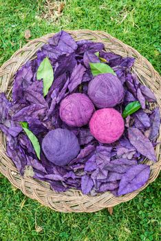 natural dyed wool yarn in the peruvian Andes at Cuzco Peru