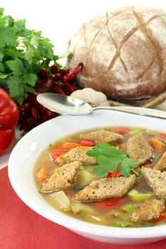 a plate with a colorful bread soup