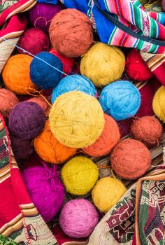 natural dyed wool yarn in the peruvian Andes at Cuzco Peru