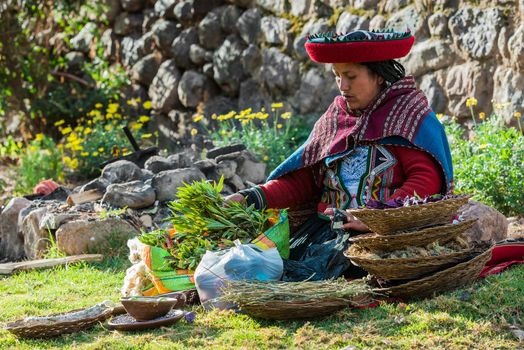 Cuzco, Peru - July 15, 2013: woman with natural dyes in the peruvian Andes at Cuzco Peru on july 15th 2013