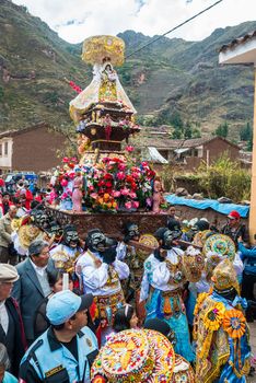 Pisac, Peru - July 16, 2013: Virgen del Carmen parade in the peruvian Andes at Pisac Peru on july 16th, 2013