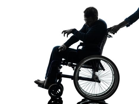 one handicapped disabled man in silhouette studio  on white background