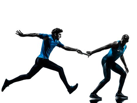 two men relay running sprinting  in silhouette studio isolated on white background