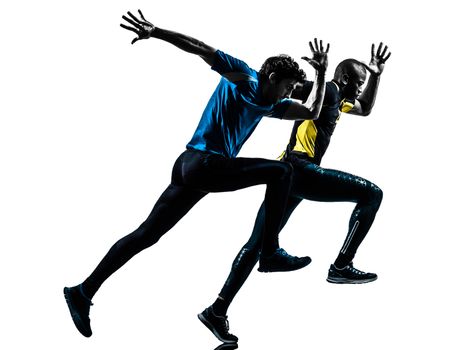 two men racing  running sprinting  in silhouette studio isolated on white background