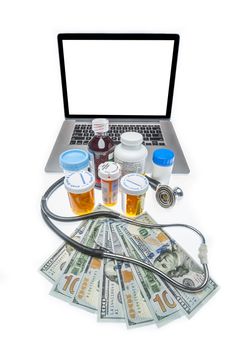 Health care costs illustrated by drugs and doctors with blank screen for type insertion