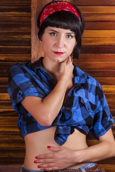View of a pin-up girl happy with short hair.