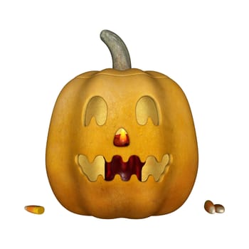 3D digital render of a halloween pumpkin with a burning candle and candies isolated on white background