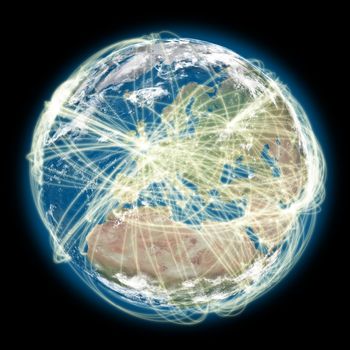 Europe on planet Earth with connections between cities and continents representing global airline networks. Elements of this image furnished by NASA