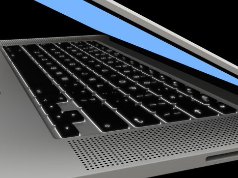Detail of illuminated keyboard on modern laptop computer