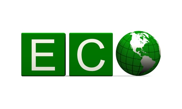 Green eco sign isolated on white background with planet Earth as "o" letter