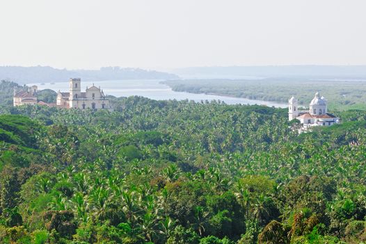 Panoramic view Old Goa. Mandovi river and ancient Churches