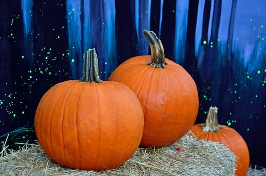 Fresh pumpkins on a hay bale serve as outdoor Halloween decorations